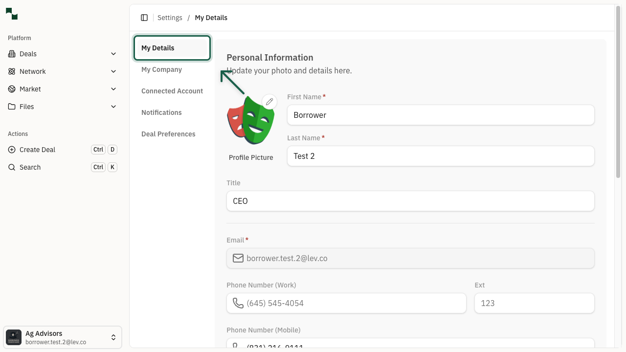 My Details settings page