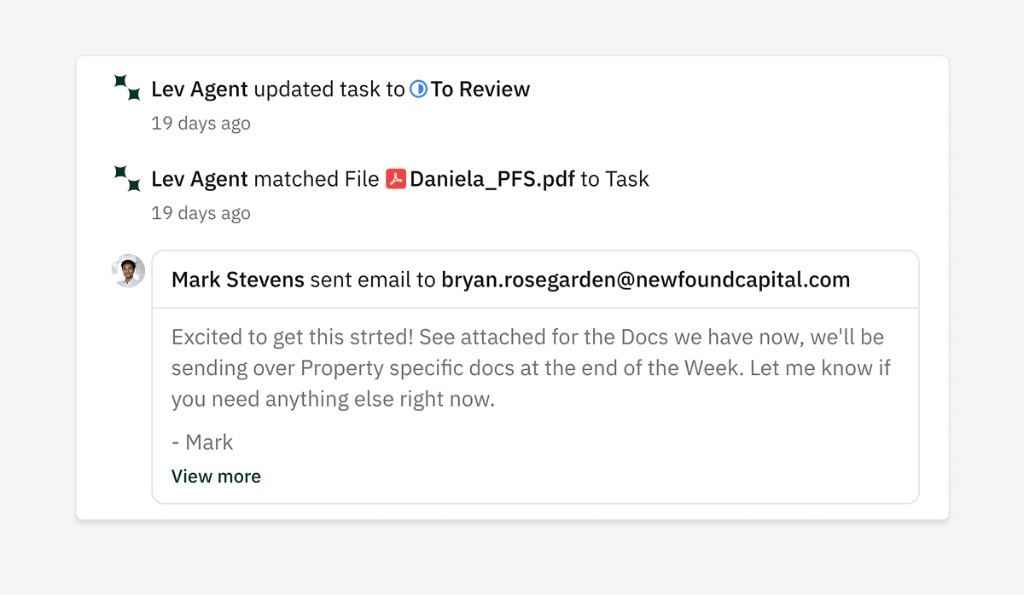Task activity log showing email, file match, and Lev Agent status updates