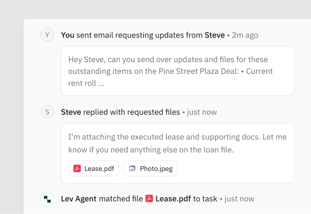 Activity timeline: file request sent, reply with attachments, and Lev matching a file to a task