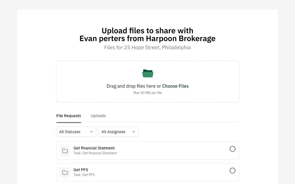 External upload page with assigned checklist tasks