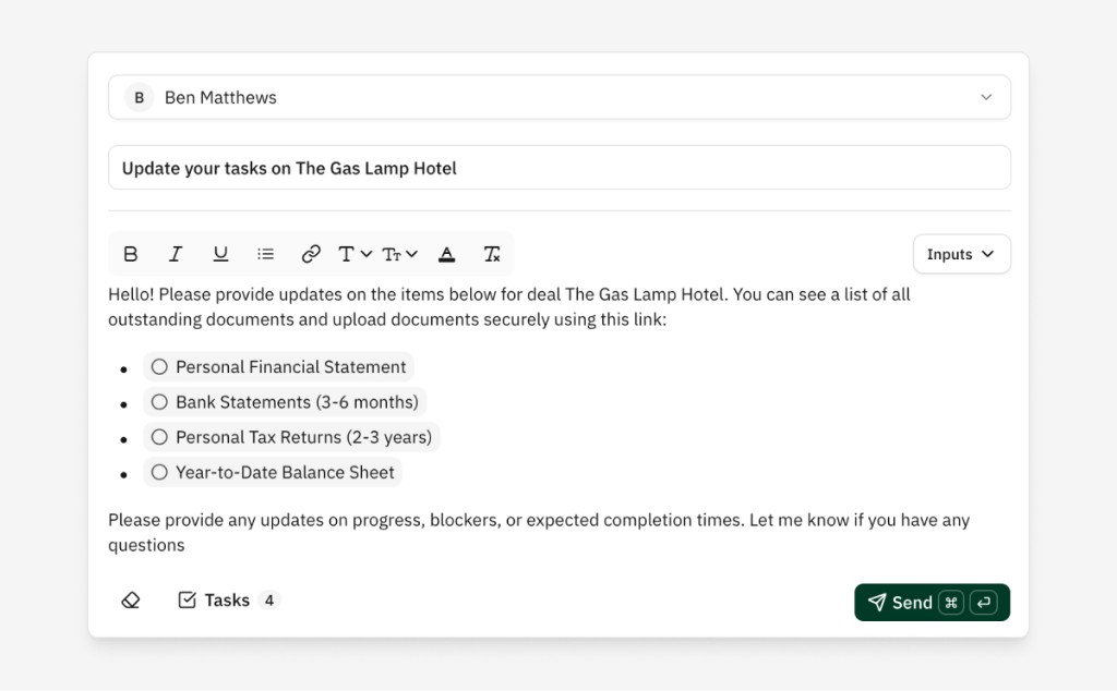 File request email and checklist integration